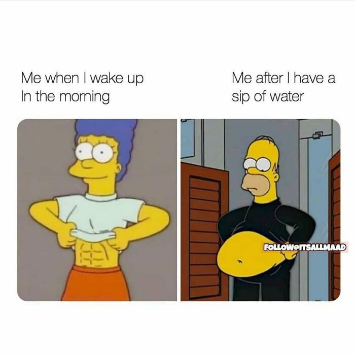 Cartoon comparison meme showing gym humor with characters portraying fitness and bloating after water sip.