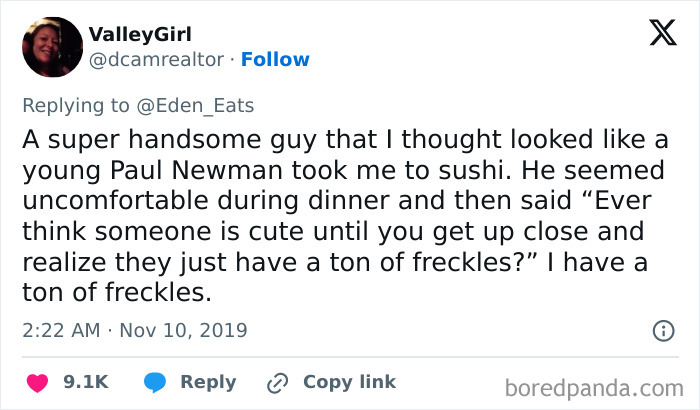 Tweet showing a brutal rejection about freckles that left the person baffled for days in a social media conversation.