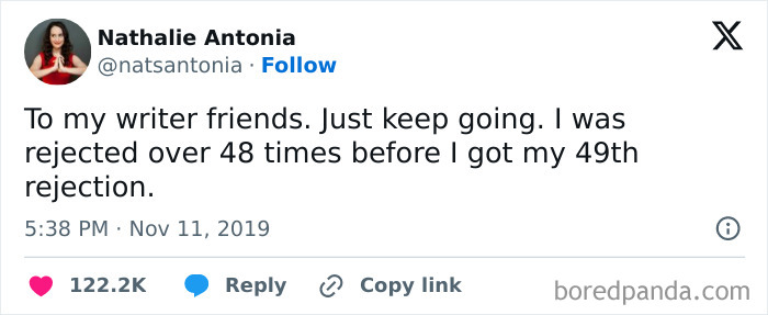 Tweet by Nathalie Antonia about brutal rejections, mentioning being rejected 48 times before the 49th rejection.