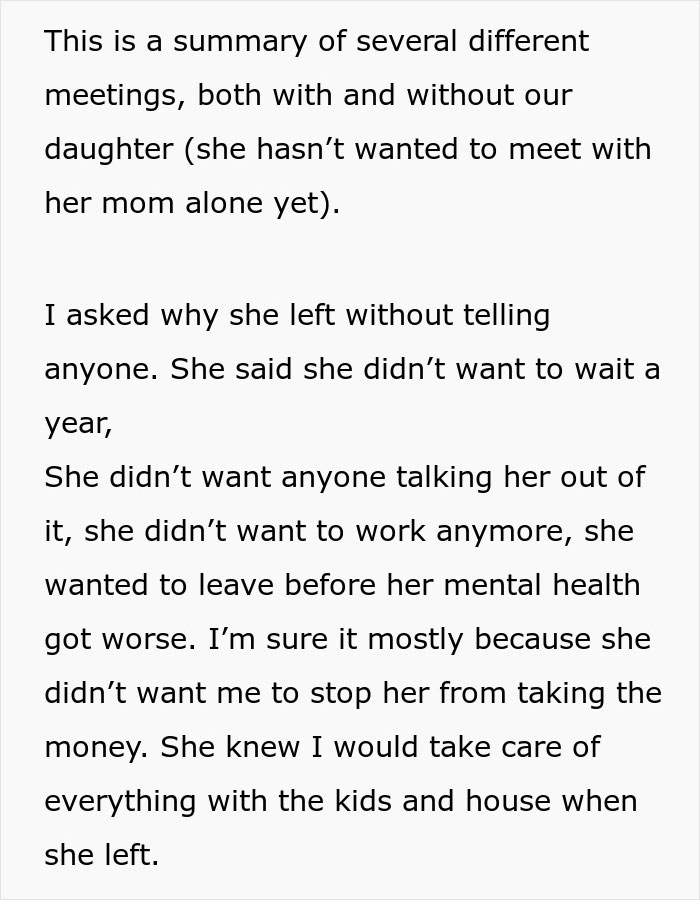 Text excerpt discussing a woman who leaves to find herself, avoiding confrontation and prioritizing her mental health.