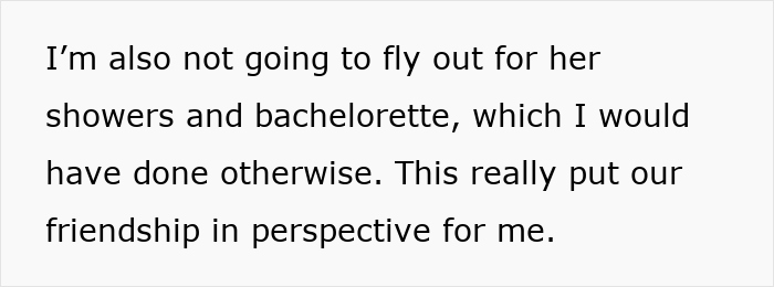 Text excerpt from a message discussing a 30-year-old friendship impacted after bride asks MOH bestie to lose 30 pounds. Text excerpt from a message discussing a 30-year-old friendship impacted after bride asks MOH bestie to lose 30 pounds.