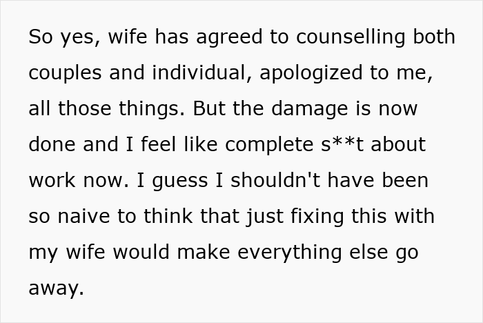 Text excerpt discussing feelings of stress at work due to jealous wife spying on husband and relationship issues.