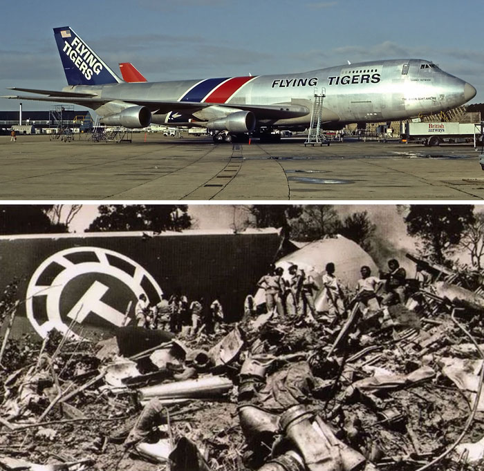 Vintage Flying Tigers airplane on runway contrasted with wreckage from a plane crash and onlookers, illustrating chilling pilot moments.