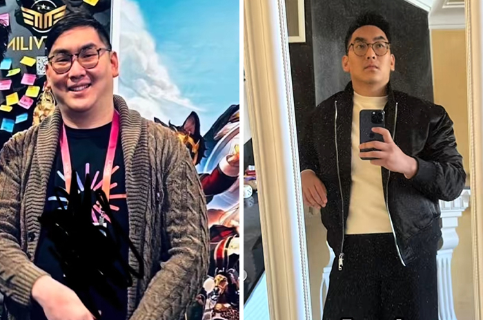 Before and after photos of a man showcasing style transformation after marrying a Black woman, highlighting fashion and confidence.