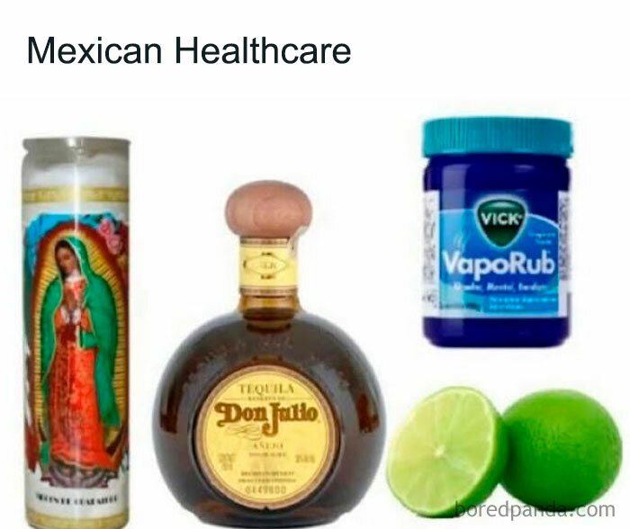 Candle, tequila bottle, VapoRub, and limes arranged humorously as Hispanic healthcare meme.