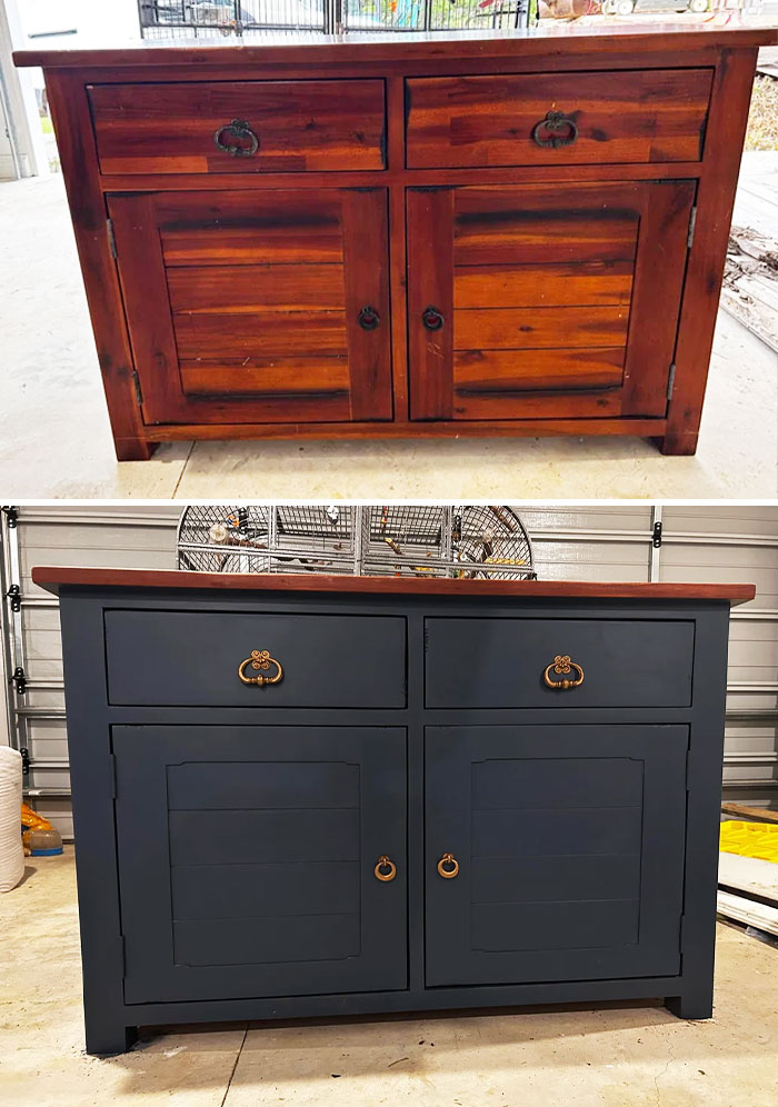 Before and after images of furniture flipping pros transforming a wooden cabinet to a sleek modern design.