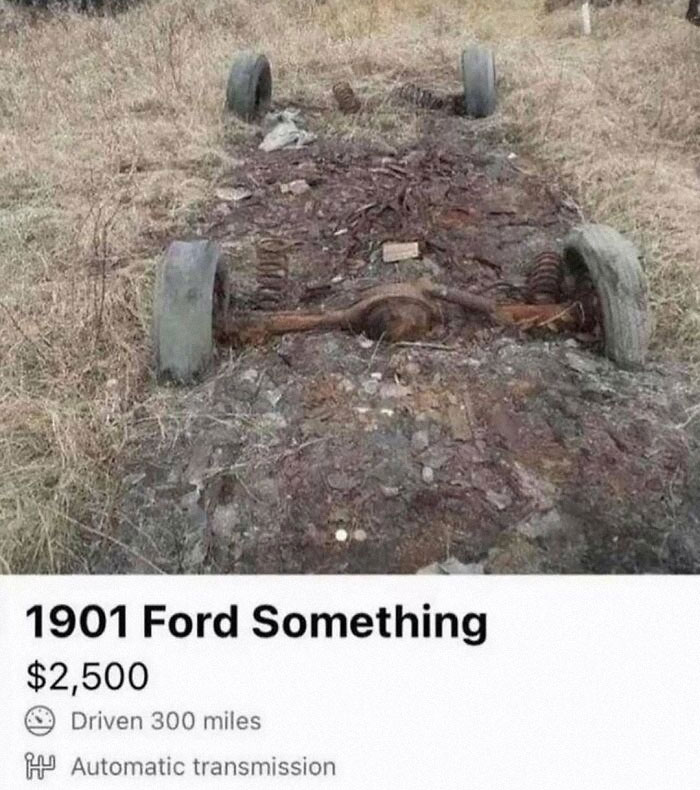 Rusty car frame with four tires in a field, humorously listed for sale in a nerdy and weird memes context.