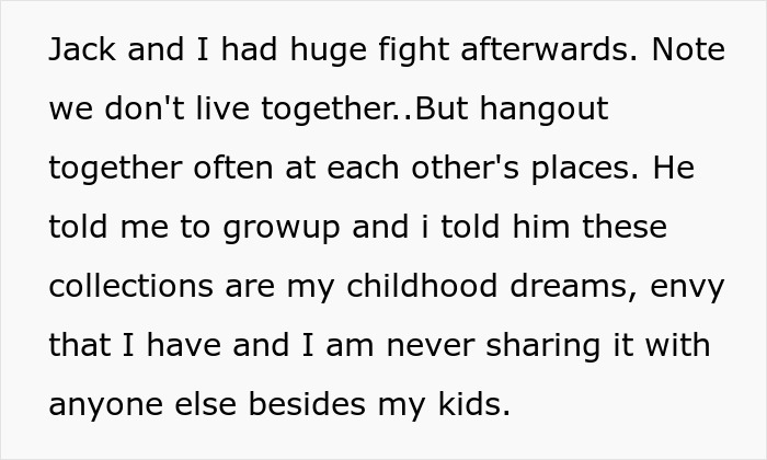 Text excerpt showing a woman explaining her childhood toy collections help her deal with trauma and refusal to share them. - 14