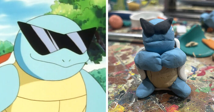 Side-by-side comparison of original Squirtle wearing sunglasses and a poorly-made favorite Pokemons clay figure.