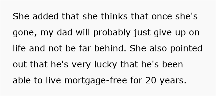 Text excerpt discussing a woman&rsquo;s thoughts on leaving her partner homeless and his mortgage-free living for 20 years.