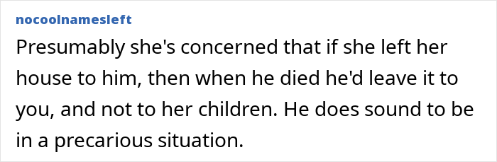 Comment discussing a woman deciding to leave her partner homeless if she dies, highlighting concerns about precarious situations.