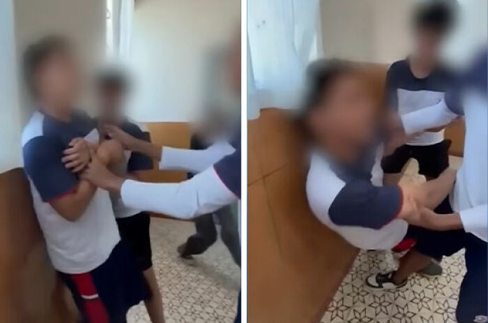 Three blurred teenagers struggling in a physical confrontation indoors, highlighting shocking TikTok challenges dangers.