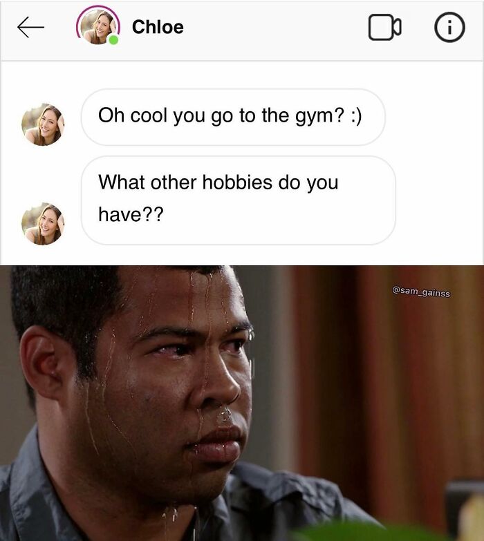 Man sweating nervously replying to messages about gym hobbies, a funny gym meme for fitness enthusiasts.