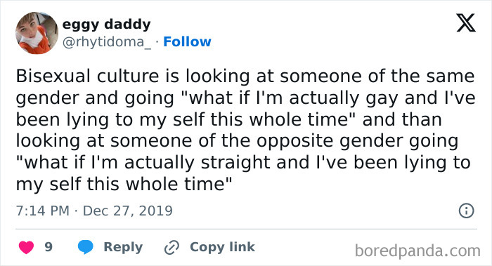 Tweet about bisexual culture humor and confusion, featured on an LGBTQ+ memes Instagram page.