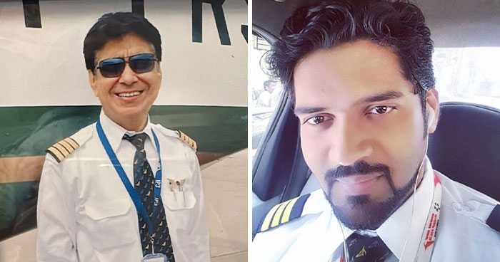 Two Air India pilots wearing uniforms and captain stripes, associated with the crash that claimed 260 lives.