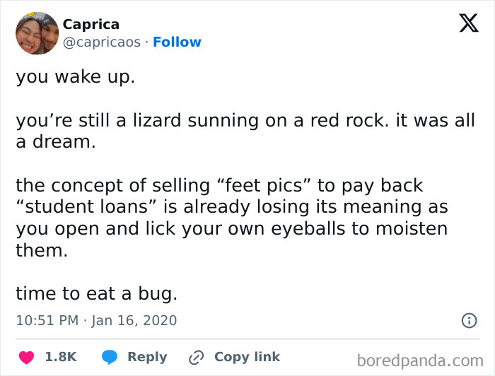 Tweet from Caprica humorously reflecting casual nihilism with surreal thoughts on life and student loans memes.