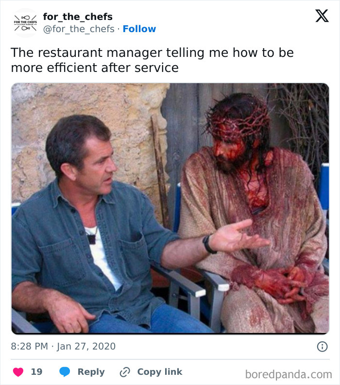 Man in denim shirt talking to a man dressed as Jesus with blood and crown of thorns in relatable chef memes humor.
