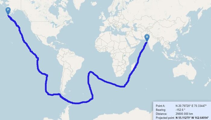 Unusual world map showing a long, convoluted shipping route between two distant points, a funny geography map example.