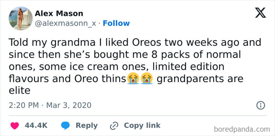 Tweet about a grandma buying multiple Oreo varieties, paired with memes for your daily dose of British humor.