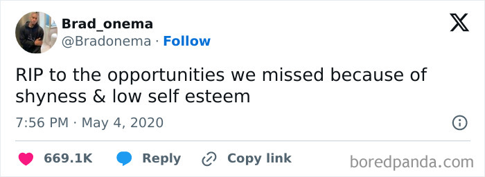 Social anxiety meme showing text about missed opportunities due to shyness and low self-esteem feelings.
