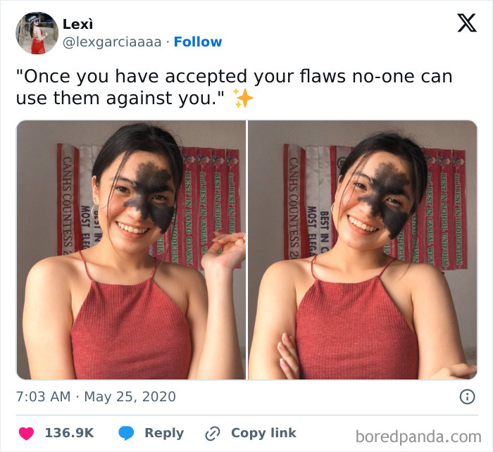 Young woman smiling confidently, showcasing a large and unique birth mark on her face in two side-by-side photos.