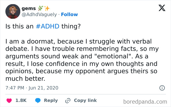 Tweet from a neurodivergent person describing struggles with verbal debate, memory, and confidence related to ADHD.