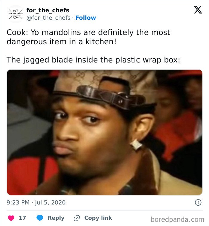 Chef meme about dangerous kitchen tools featuring a man making a skeptical face, highlighting relatable chef humor.