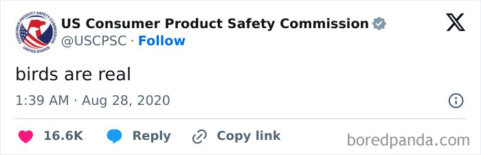 Screenshot of a funny tweet from an official social media account saying birds are real with engagement icons.