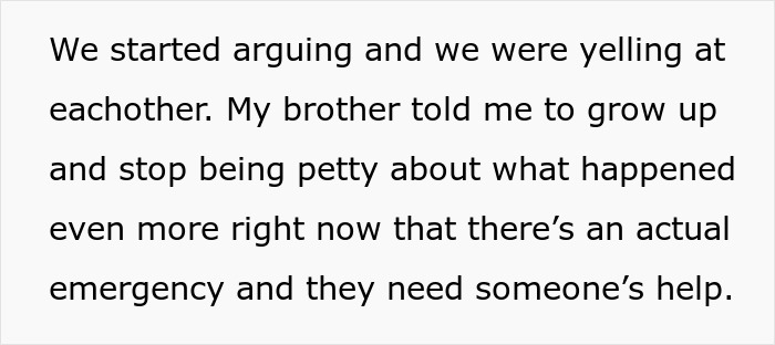 Text discussing family drama involving a bio dad refusing to babysit during an emergency and heated arguments.