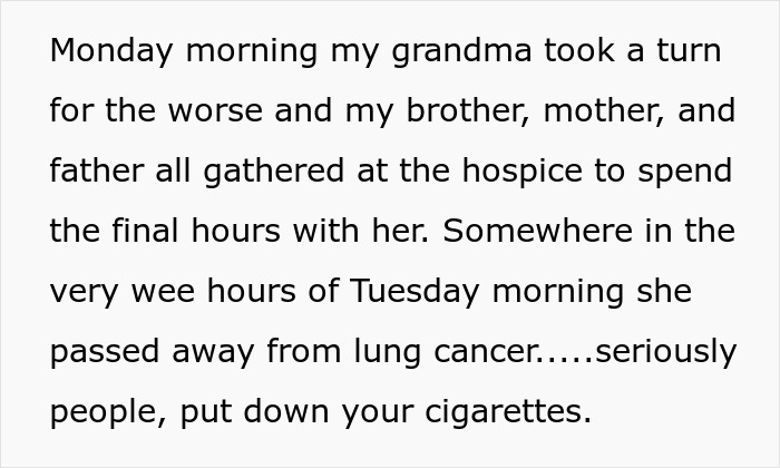 Text depicting a personal story about a grandma passing away and urging people to quit smoking cigarettes.