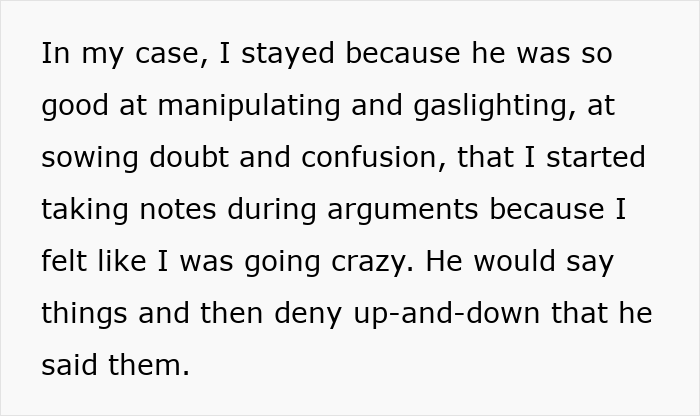 Text excerpt about staying in a relationship due to manipulation and gaslighting, highlighting emotional distress and confusion. Text excerpt about staying in a relationship due to manipulation and gaslighting, highlighting emotional distress and confusion.