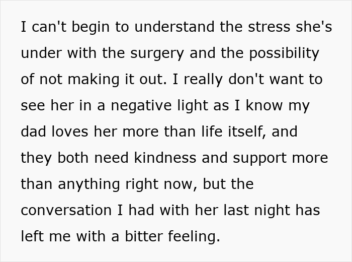 Text about a woman deciding to leave her partner homeless if she dies, expressing stress and mixed emotions.