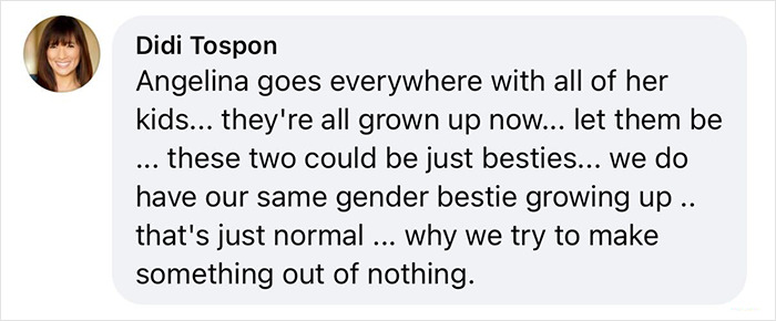 Comment from Didi Tospon discussing Angelina's kids and addressing rumors about Shiloh Jolie-Pitt's girlfriend and romance.