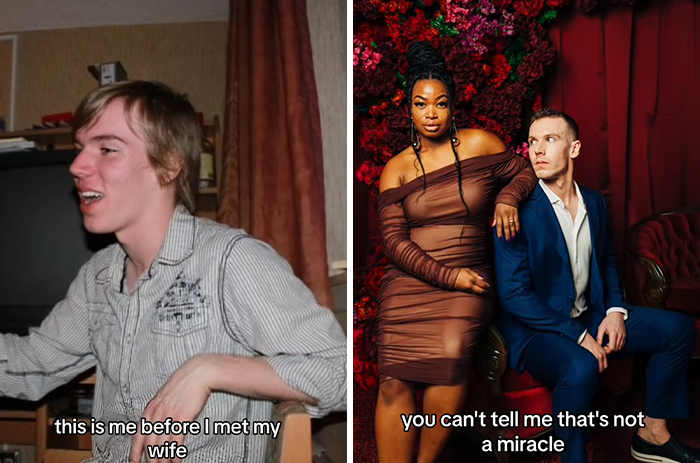 Before and after pics of a man who married a black woman, showing transformation and their stylish couple portrait.