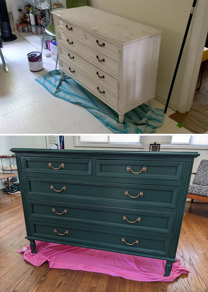 Before and after photos of a furniture flipping project showing a refurbished dresser painted dark green with new hardware.