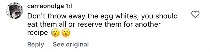Comment from user carreonolga advising not to throw away egg whites but to eat or save them, reacting to Gwyneth Paltrow trash-handling.