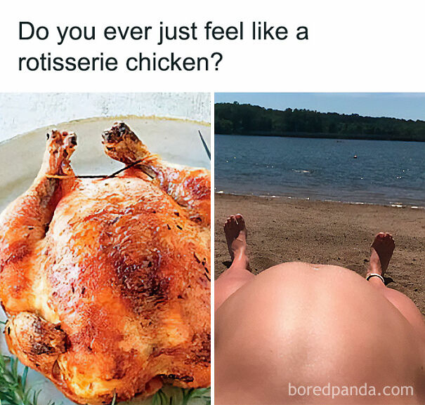 Rotisserie chicken and person sunbathing on the beach, showing a funny summer meme about feeling roasted outside.