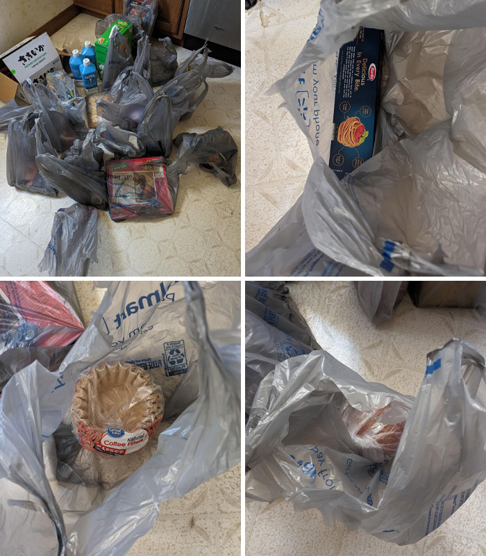 Multiple grocery items packed in plastic bags inside a house, illustrating delivery packages that went off track.