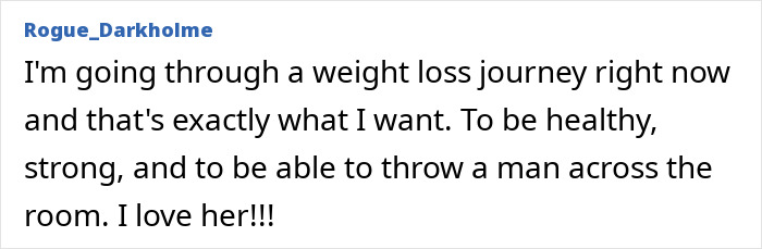Screenshot of an online comment about a personal weight loss journey shared by a user named Rogue_Darkholme.
