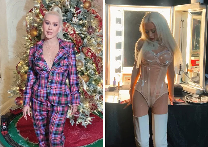 Christina Aguilera in a plaid suit by a Christmas tree and in a corset outfit backstage sparking health concerns. Christina Aguilera in a plaid suit by a Christmas tree and in a corset outfit backstage sparking health concerns.