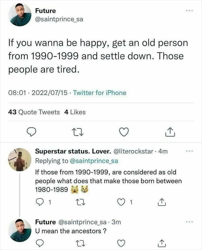 Twitter meme exchange about aging generations from 1990s, reflecting nostalgia for Tamagotchis and VHS tapes era.