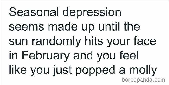 Text post about seasonal depression feeling fake until sunlight hits your face, shared among a circle of idiots for laughs.