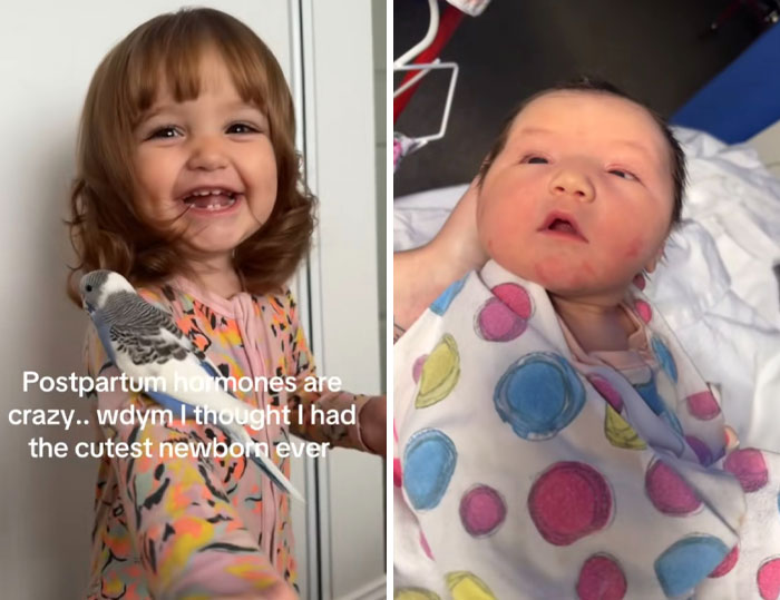 Two photos showing a smiling toddler with a bird and a newborn baby, illustrating postpartum hormones in women.
