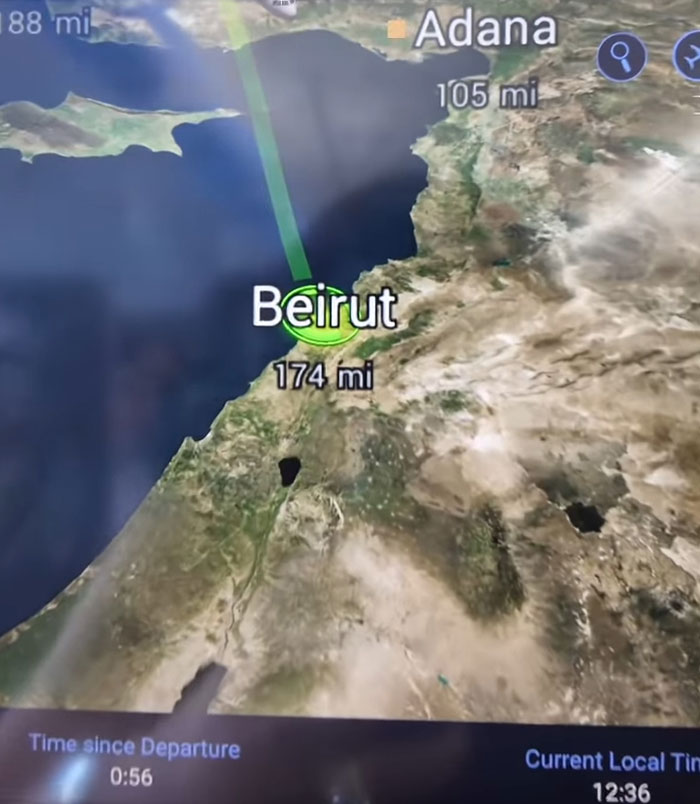 Flight map showing Beirut and surrounding areas during a woman’s emotional visit to her family home after 46 years. - 3
