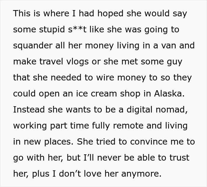 Text excerpt describing a woman who wants to be a digital nomad, working remotely and living in new places.