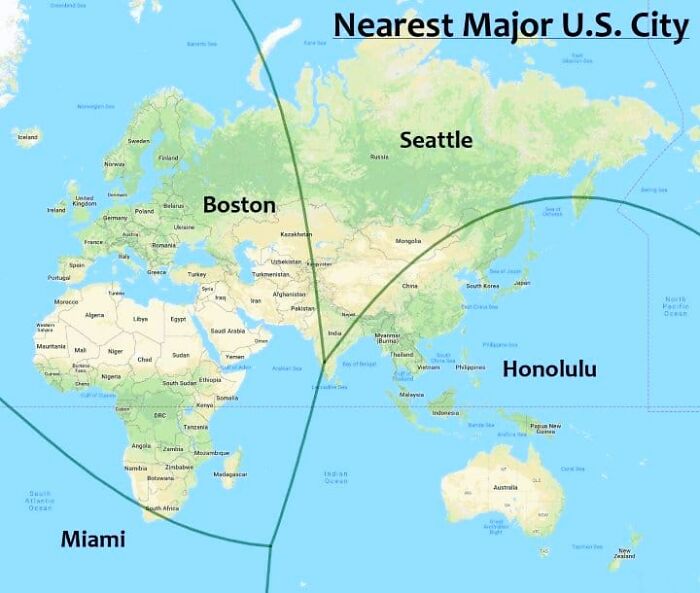 Map showing nearest major U.S. cities to different global regions in a funny geography-themed illustration.
