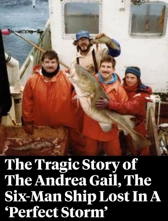 Fishermen on the Andrea Gail ship holding a large fish, a unique old photo with an incredible story behind it.