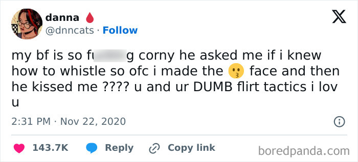 Tweet with playful flirting and positivity, featuring a cute face emoji, sharing lighthearted relationship humor online.