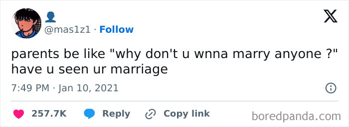 Tweet humorously highlighting entitled parents questioning marriage, reflecting common themes in accurate memes about entitled parents.