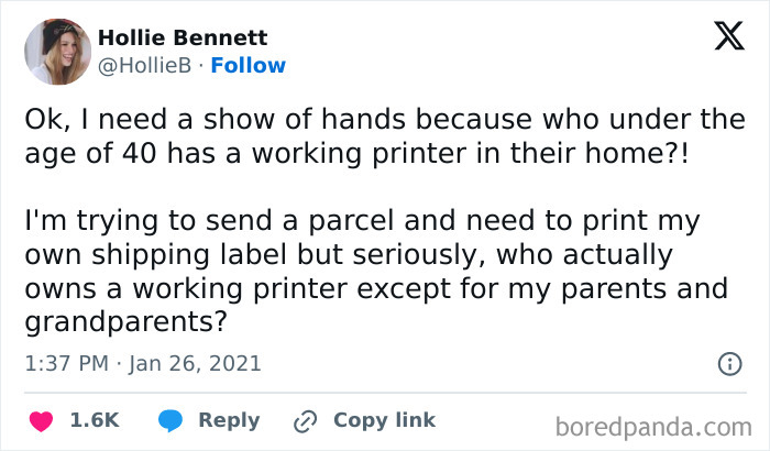 Tweet about the chaos of life after 40, questioning who under 40 owns a working printer at home.